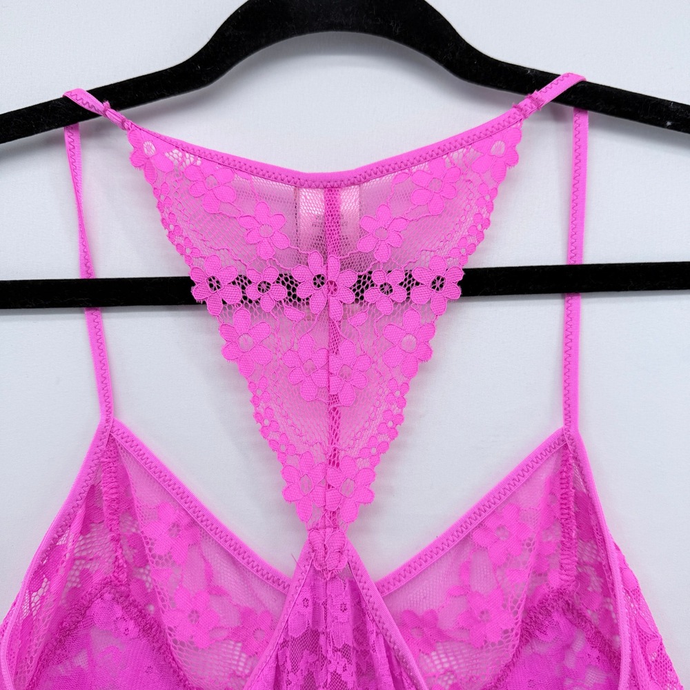 In Bloom by Jonquil Hot Pink Floral Lace Babydoll Chemise Racerback Small - Picture 2 of 5